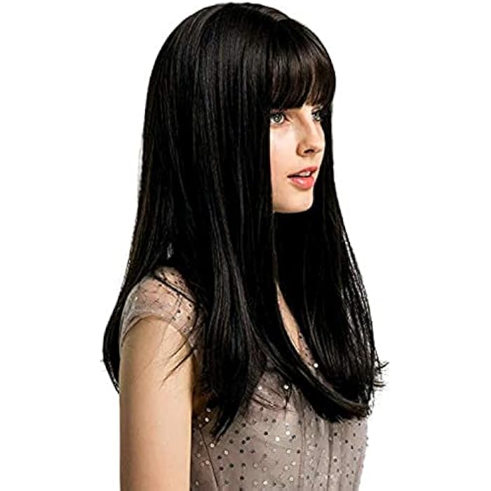 DILLARDS Giannay Shouder Length Hair Wig With Bangs Silk Straight Bob Wigs Black Color Wigs For Women 18 Inch Synthetic Heat Resistant Fiber Wig - Image 5